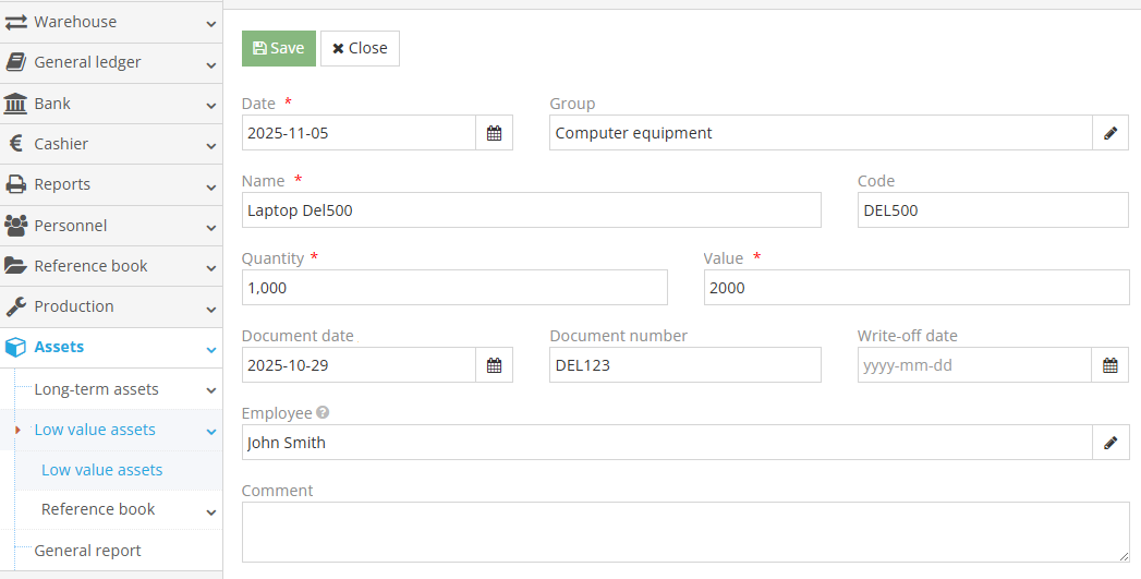 Low-value asset registration form in accounting system
